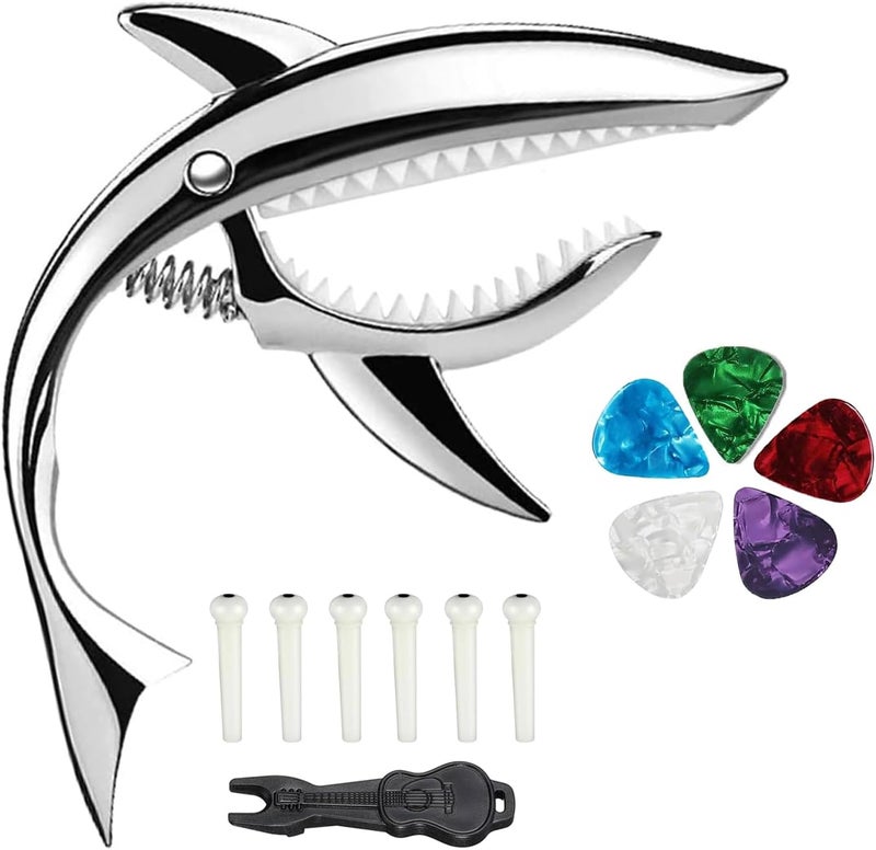 JINWEE Shark Guitar Capo for Electric Acoustic Classical Guitar with 6 Pcs Bridge Pins & Bridge Pin Puller Remover, Guitar Replacement Parts and Accessories Set(silver) - Image 1